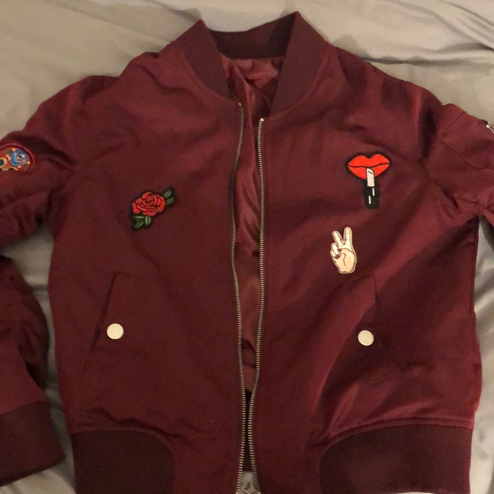 patch work bomber jacket- maroon